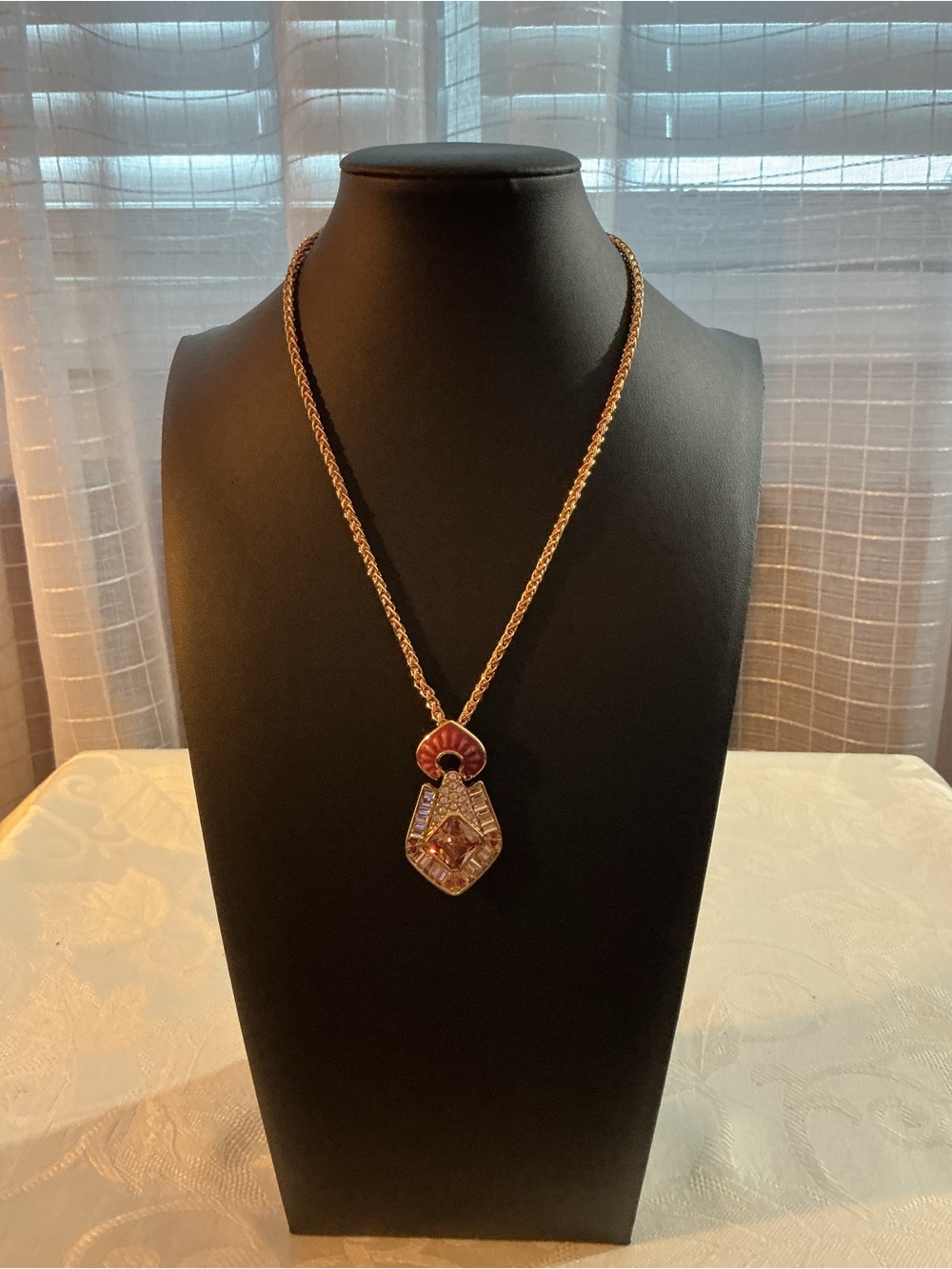 Amber Rhinestone & Red Enamel Vintage 1980s Gold Tone Shield Pendant Necklace